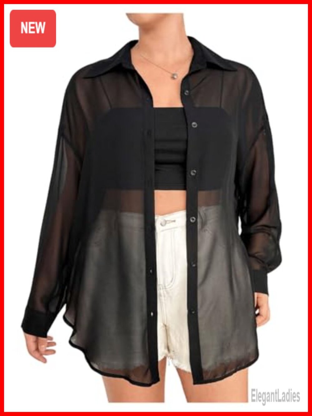 Plus Size Mesh See Through Long Sleeve Button Down Blouse Top